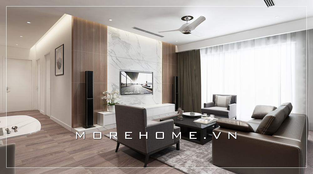Nổi bật giữa phòng khách căn hộ chung cư là thiết kế sofa hiện đại cao cấp với chất liệu da nâu trầm sang trọng đầy tinh tế.